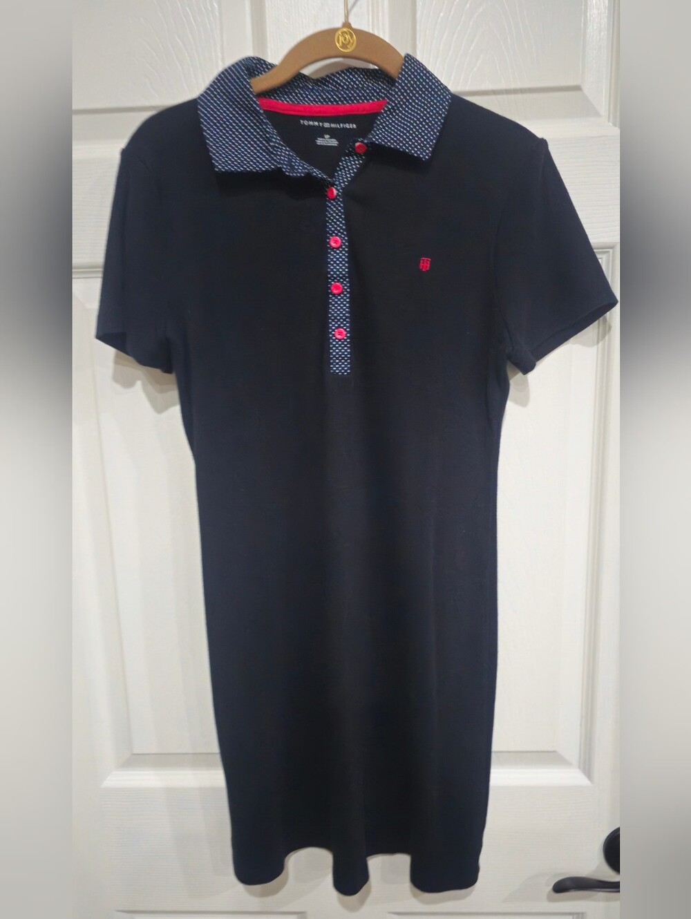 Tommy Hilfiger Black Polo Dress with Red Accents and Patterned Collar